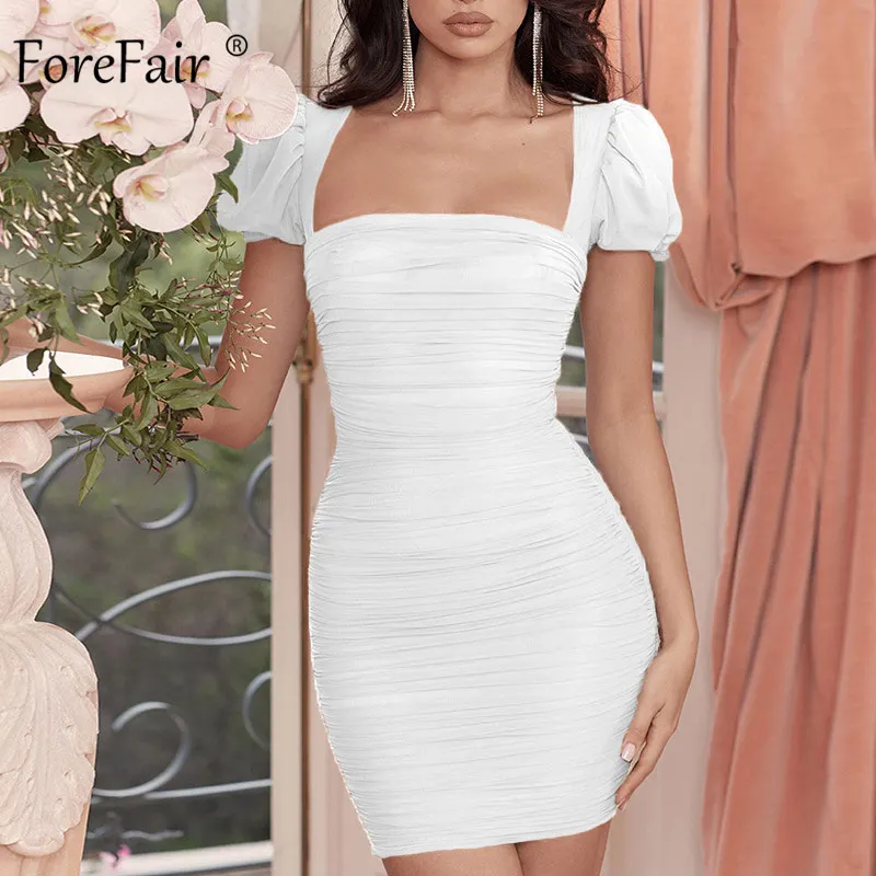 Beste Forefair Bladerdeeg Mouw Mesh Sexy Jurk Transparante Mini Vierkante Hals Vintage 2020 Fashion Club Party Bodycon Vrouwen Jurk