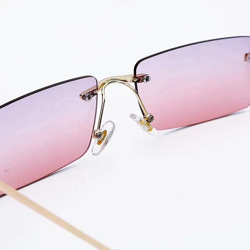 Маленькие квадратные солнцезащитные очки без оправы, роскошные брендовые солнцезащитные очки для женщин, модная металлическая оправа, коричневые, красные, синие оттенки, унисекс, UV400