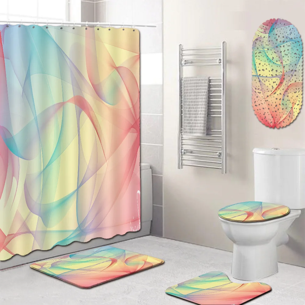 

T Waterproof Shower Curtain PVC Bathtub Mat Geometric 4 Piece Bathroom Rug Sets Non Slip Carpet In Bedroom Doormat Rugs Bath Mat