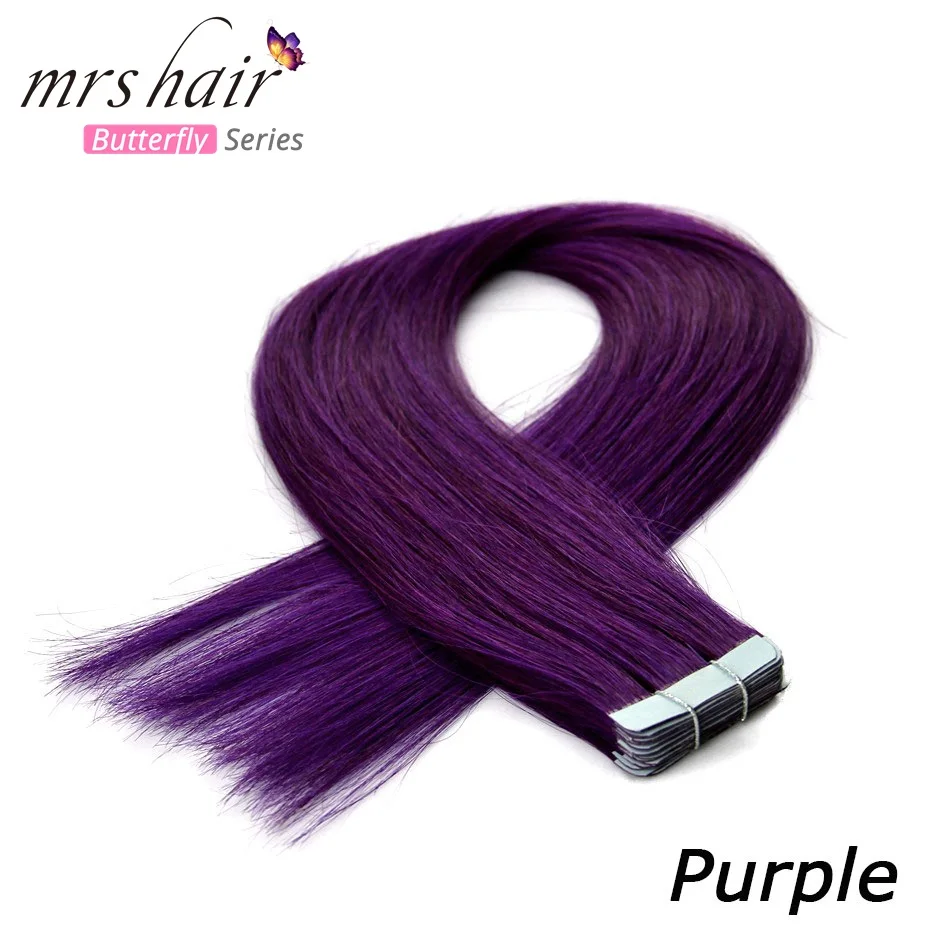 MRSHAIR, цветные человеческие волосы на Клейкой Ленте, двухсторонняя кожа, уток, ПУ волосы, не Реми, красные, фиолетовые, синие, розовые, серебряные