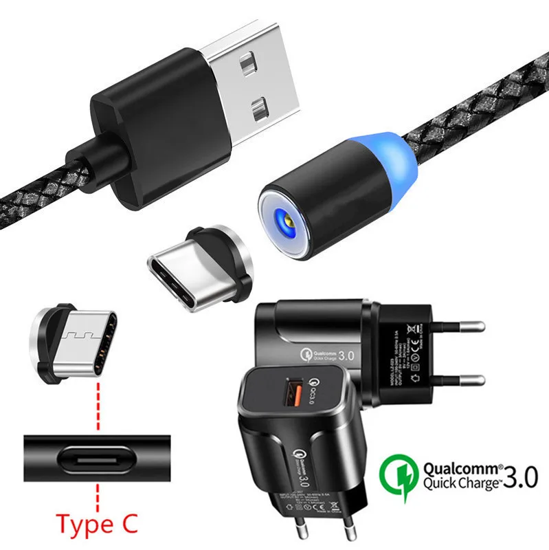 Магнитный зарядный кабель type C для samsung A20E A50 S10 zte Axon 9 Nubia Z17 Mini Oppo Reno Z Магнитный usb-кабель QC 3,0 быстрое зарядное устройство - Тип штекера: EU charger and cable