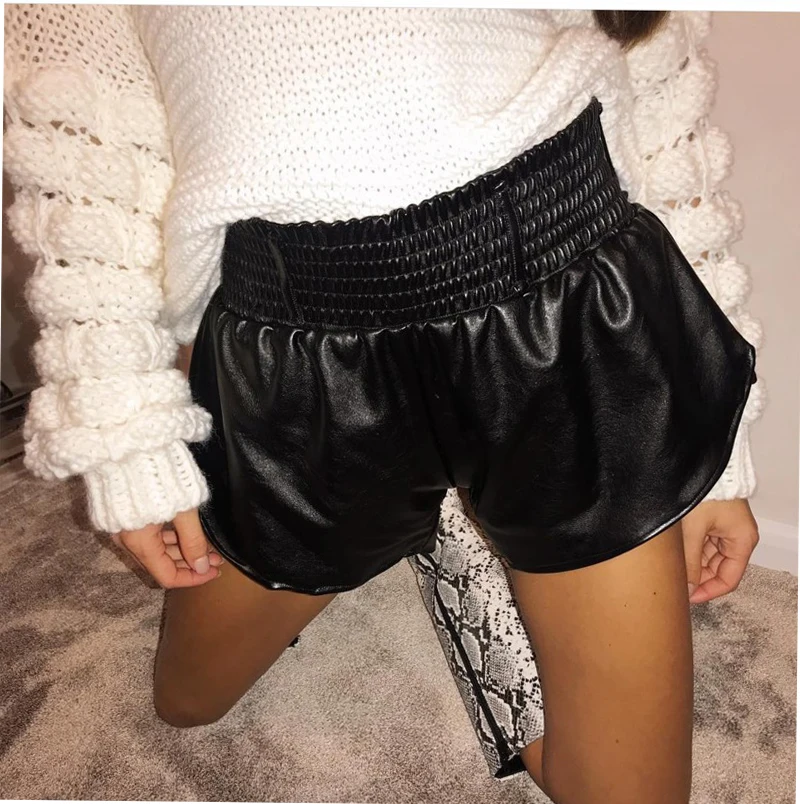 Black Faux Leather Biker Shorts Women Elastic High Waist Wide Leg Shorts Fashion Autumn Casual Ladies Sexy Leather Shorts Femme biker shorts