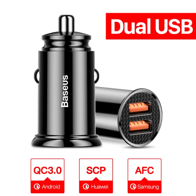Baseus Dual USB Car Charger 5A Fast Charing 2 Port 12-24V Cigarette Socket Lighter Car USBC Charger for iPhone 12 Power Adapter Dual USB Black