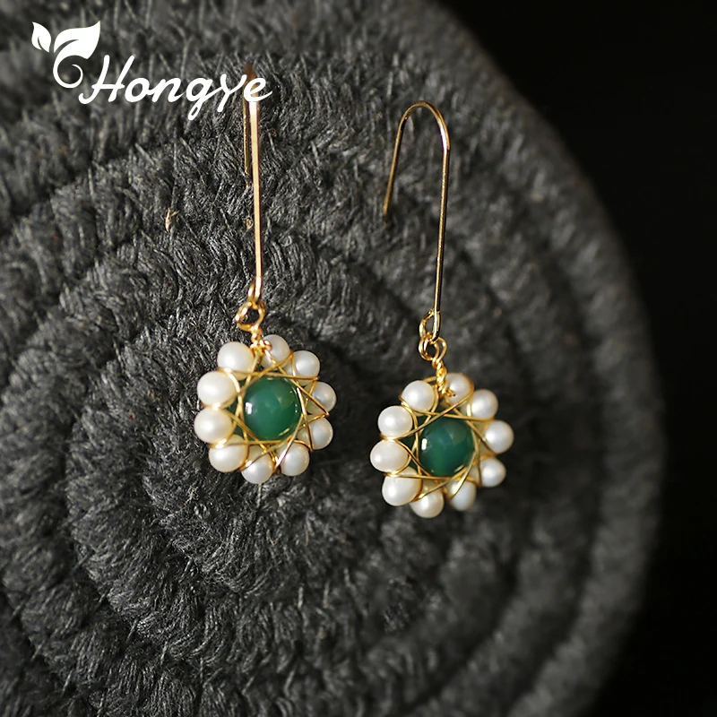 

Creative Beaded Flower Danger Earrings Natural Freshwater Pearl Drop Hanger Real Gold Engagement Wedding Ear Hook Purple Zircon