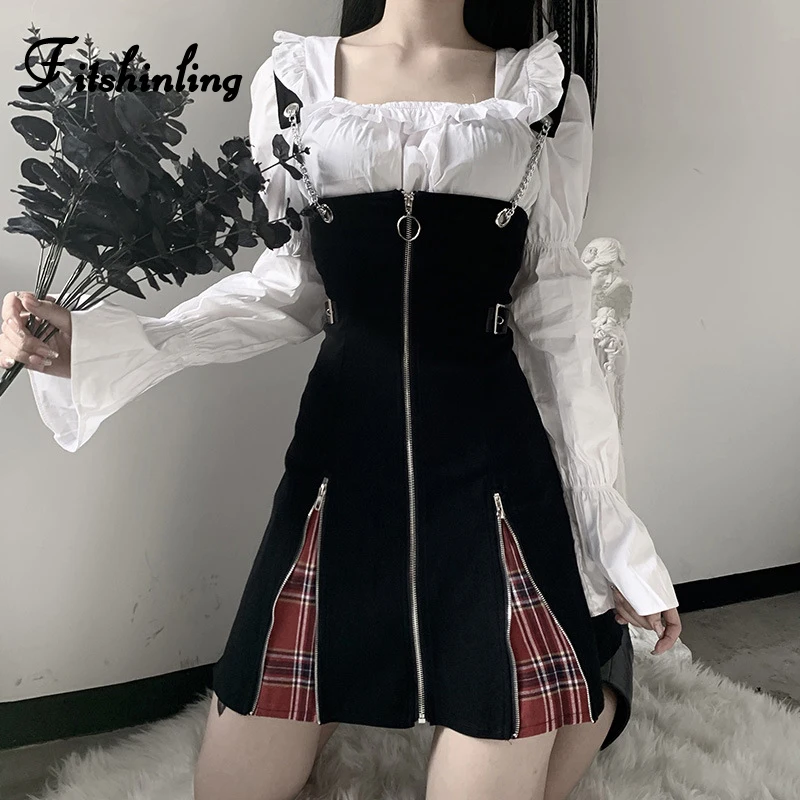 

Fitshinling Patchwork Plaid Gothic Dresses For Women Zip-Up Chain Strap Robe Dark Punk Grunge Slim 2020 Summer Aline Dress Femme
