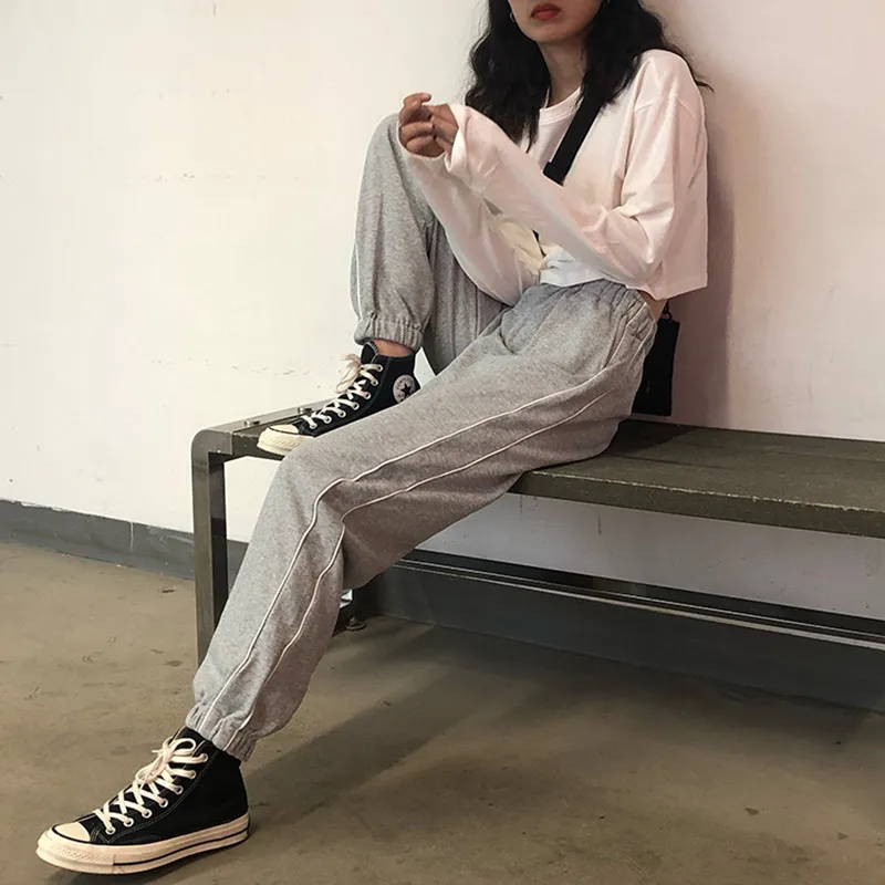 

2 colors 2019 korean preppy style solid color casual Pants Women side stripe High elastic Waist Long Trousers womens (F3797)