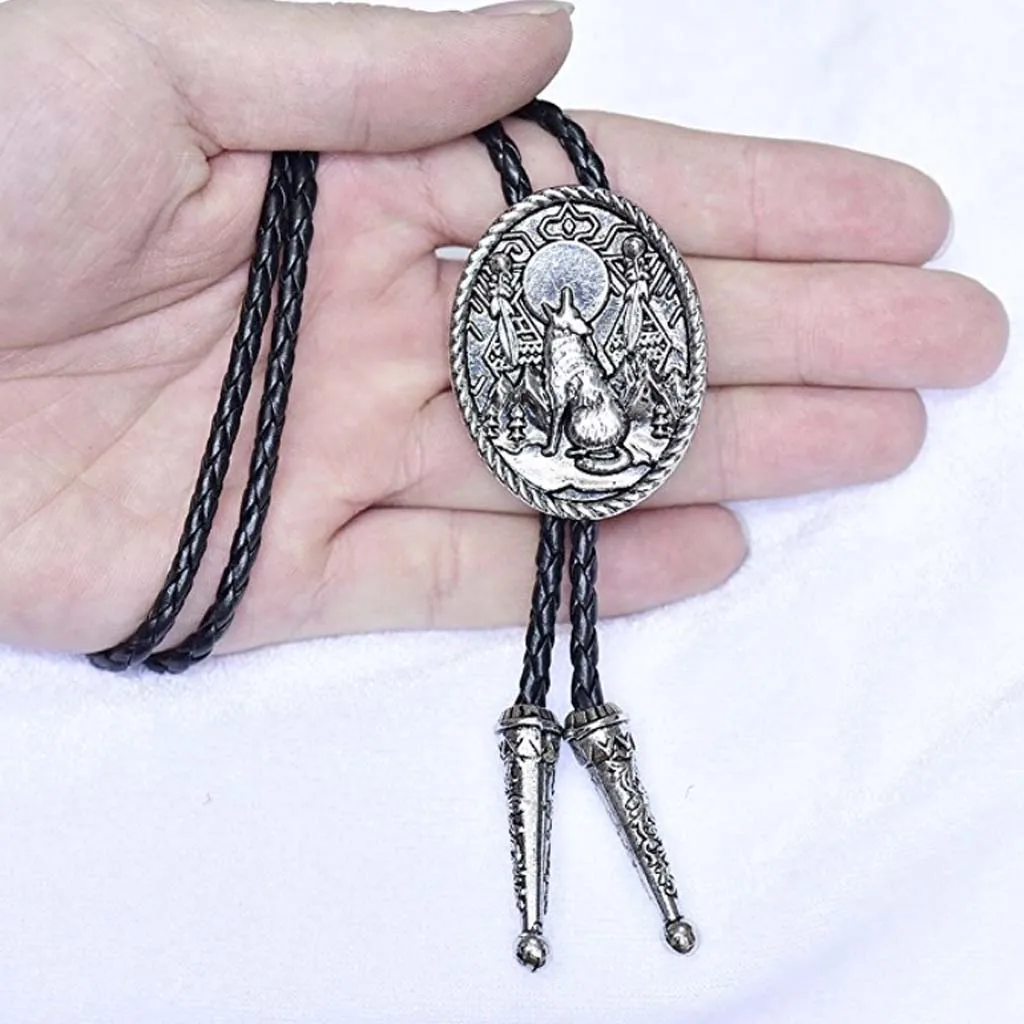 Vintage Wolf Howling Design Cowboy Rodeo Bolo Tie Bow Tie Pu Leather Necktie for Shirt Business Suit Leisure Clothes