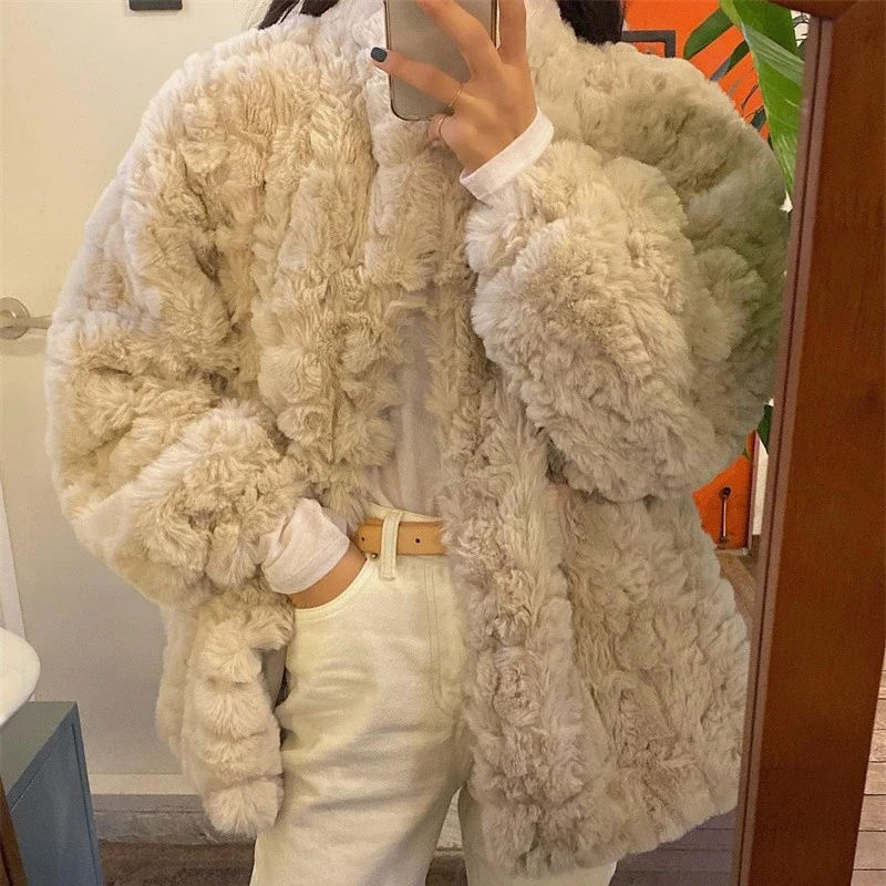 Abrigo de piel de cordero para mujer, chaqueta gruesa imitación de pelo de conejo, holgada, moda coreana, otoño e invierno, novedad|Piel sintética| - AliExpress