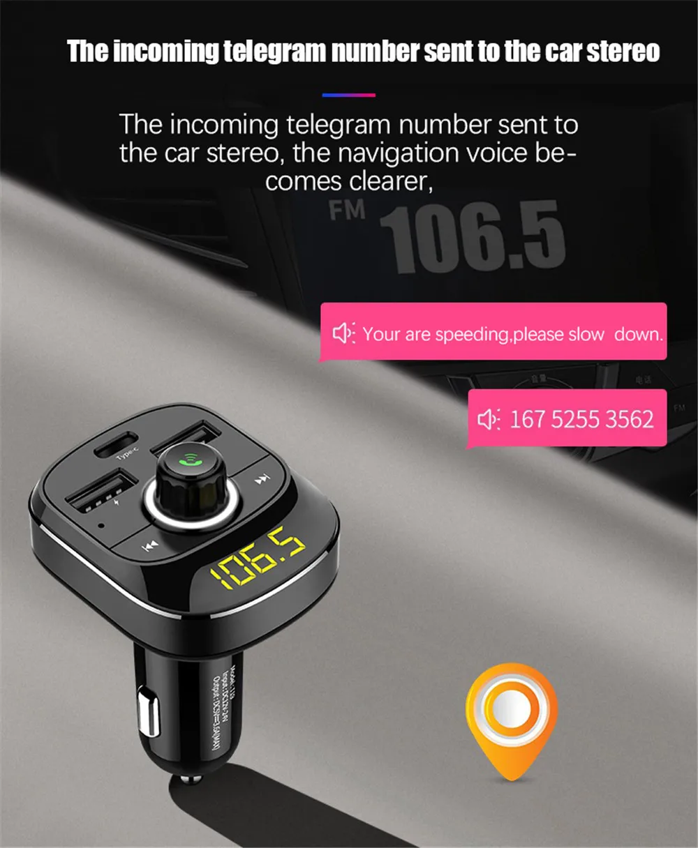 Автомобильный MP3-плеер type-C Быстрая зарядка fm-модулятор Bluetooth USB автомобильный зарядный музыкальный адаптер передатчик приемник аудио плеер T19