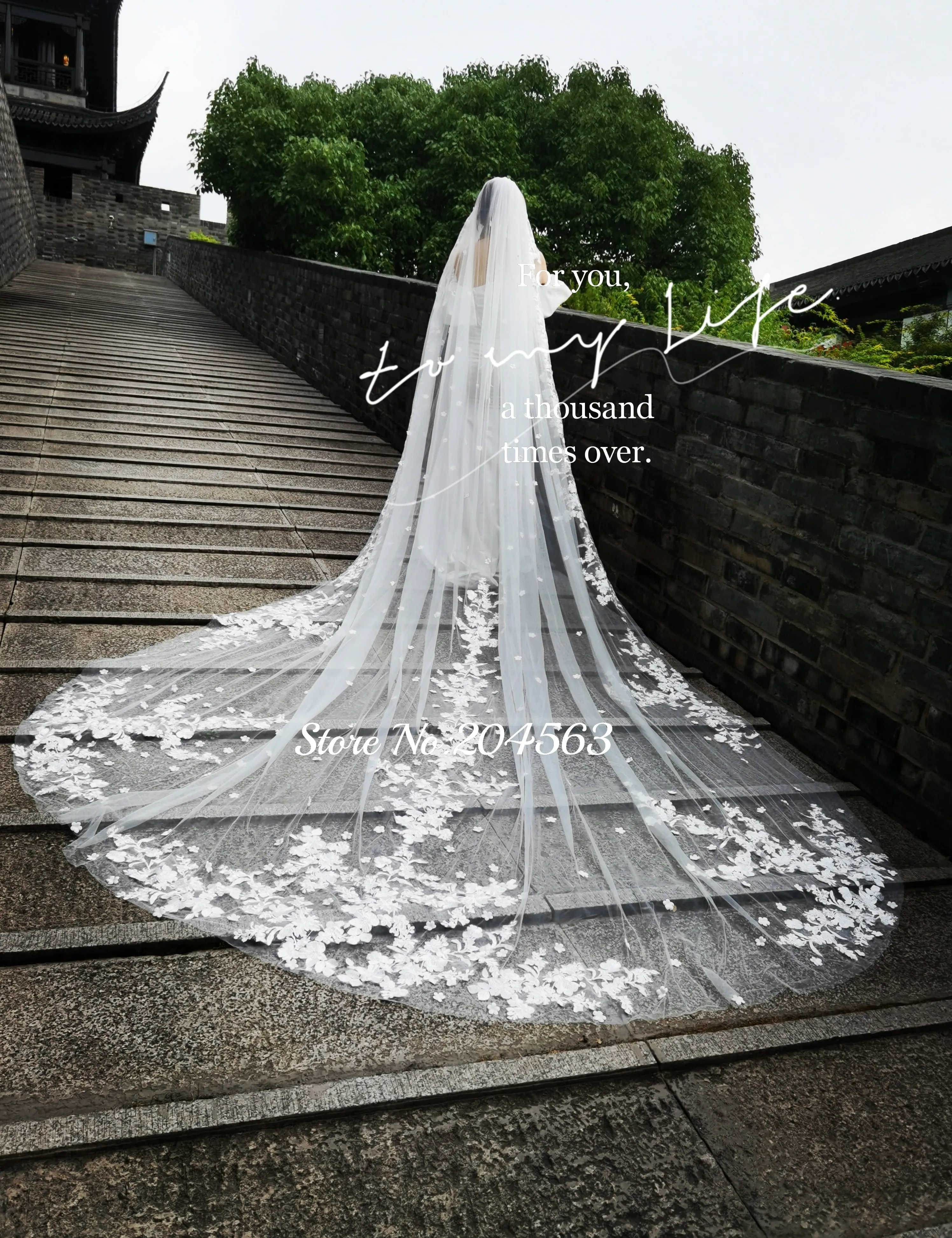 One Blushing Bride Cathedral Veil with Floral French Lace Trim, White/ Ivory White / Cathedral 108 Inches / Lace All The Way Up