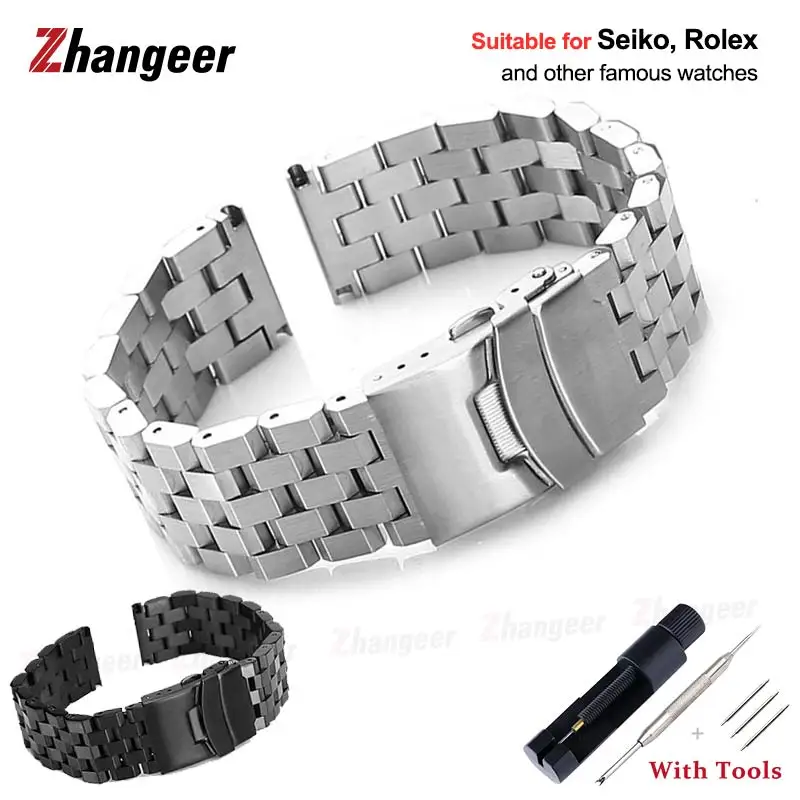 Solid Stainless Steel Watchband for Men - Business Watch Accessory with Double Lock Buckle Strap