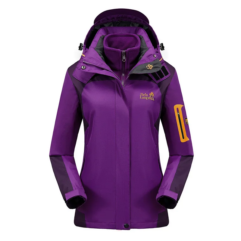 Мужские и женские зимние 3 в 1 XS-4XL куртки водонепроницаемые походные треккинговые лыжные флисовые куртки с капюшоном евро Большие размеры - Цвет: Women Purple