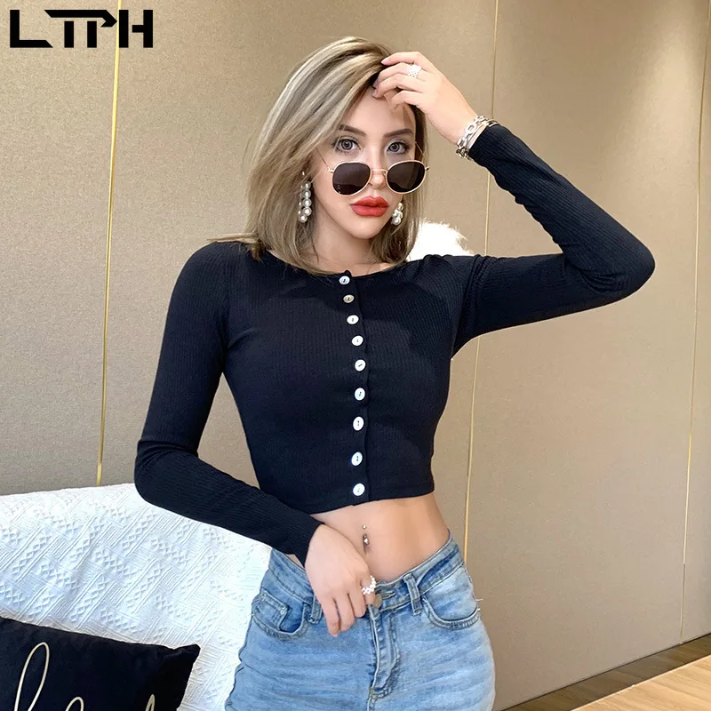 

2020 Autumn new arrival ins style Solid color slim woman tshirts classic Button cardigan t shirt Street shot Casual Short tops