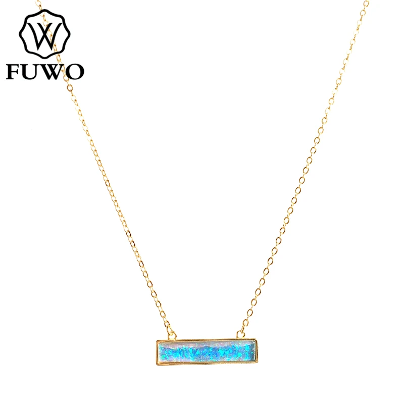 

FUWO Fashion Rectangle Opal Pendant Necklace With Gold Trimmed High Quality Synthetic Blue Opal Jewelry Gift Wholesale NC258