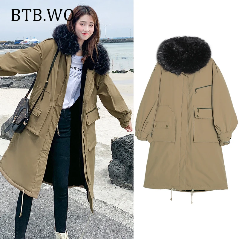 

BTB.WO 2019 Winter Jacket Women Casual Parkas Pockets Thickening Zipper Hooded Coat Drawstring Female Warm Jackets Outwear