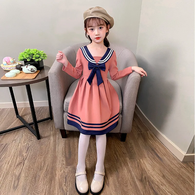 

Girls Autumn New With Bow Dress Children Long Sleeved School Uniform Skirt Performance Dresses Vestido Fluffy Lovely Costume