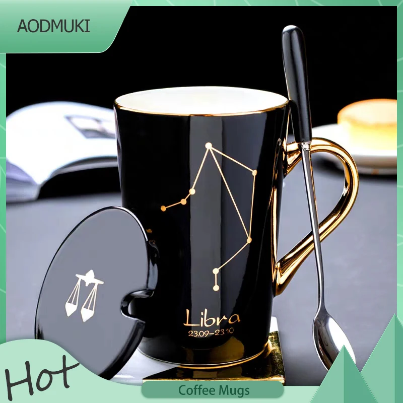 

450Ml Large Capacity Twelve Constellations Pattern Creative Home Ceramics Couple Water Mug with Spoon Lid Office Milk Coffee Cup