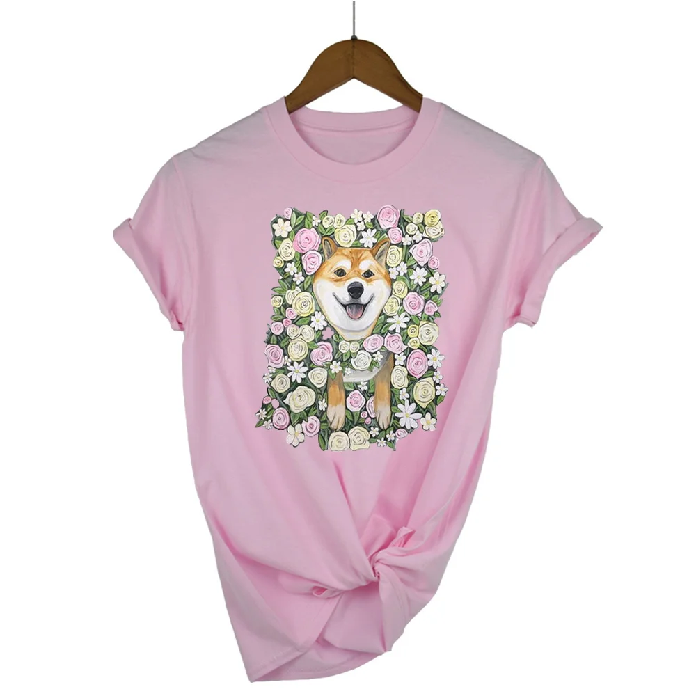 Футболка с кружевными рукавами и цветочным принтом «Шиба ину», футболка унисекс с изображением собаки Шиба ину, футболка «lover» - Цвет: Розовый