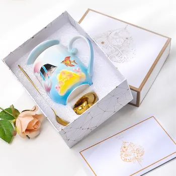 

NEW 350ml Hand Make Ceramics Mugs With Spoon and Cover Red fish Cartoon Theme Milk Mugs Cup Kitchen Tools
