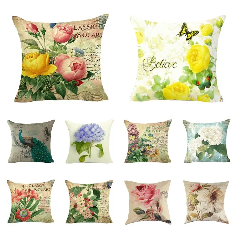 Fashion Cotton Linen Cushion Cover Peacocks Flower Pattern Throw Pillow Cover for Sofa Decorative Pillowcase 45x45 Home Decor