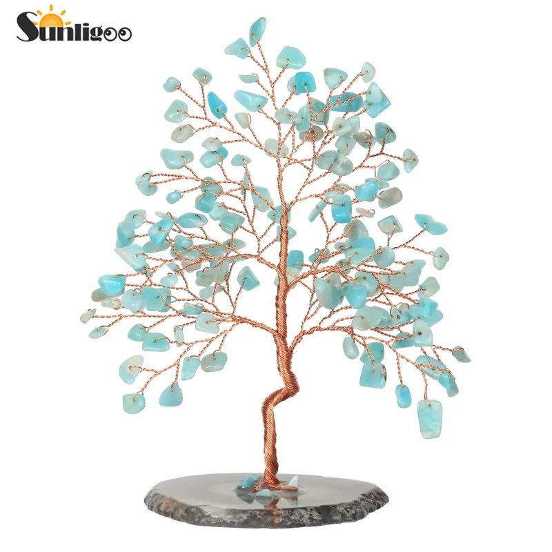 1x Amazonite Sunligoo натуральный кристалл денежное дерево фэн-шуй Хрустальная скульптура дерево Статуэтка Исцеление драгоценный камень Дерево жизни орнамент домашний декор - Цвет: 1x Amazonite