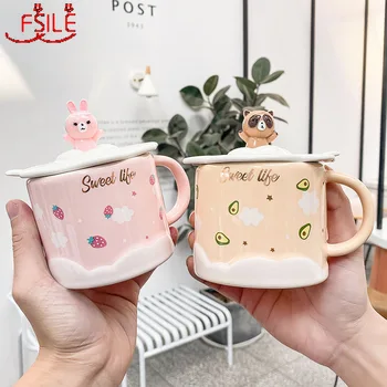 

350ml Cute Animal Cartoon Ceramic Cup with Lid Literary and Artistic Small Fresh Mug Water Cup Student Gift Ins Bottle