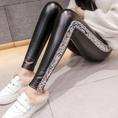 Зимние леггинсы женские s с высокой талией эластичные кожаные черные брюки из искусственной кожи блестки полосатые тонкие флисовые брюки женские легинсы - Цвет: silver