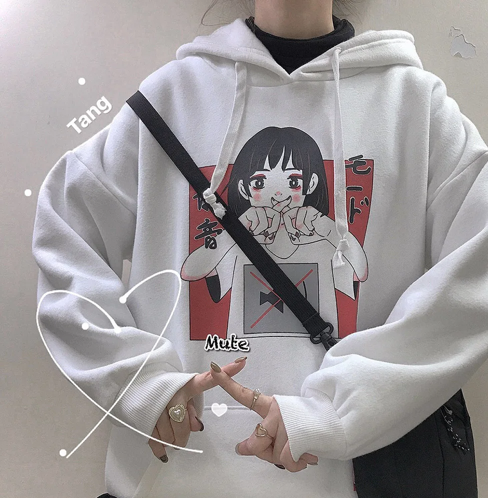  Anime Print Sweatshirt Women Kawaii Hoodie Harajuku Clothes Pullover Hooded Korean Plus Size Thin C
