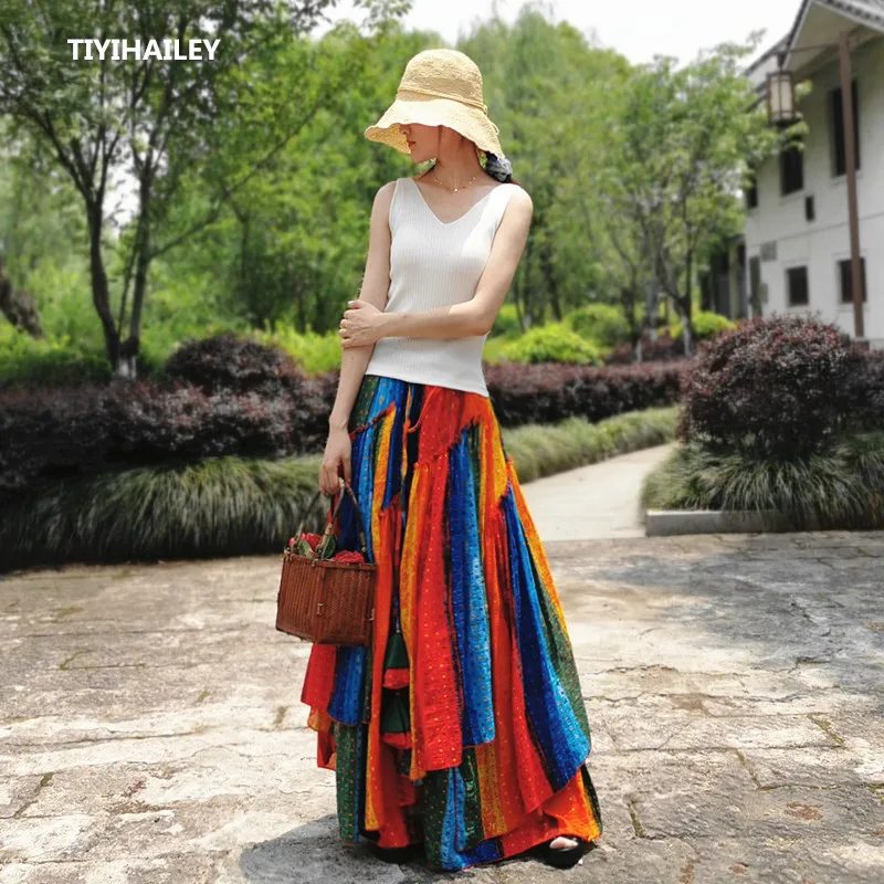 TIYIHAILEY Free Shipping Fashion Long Maxi A-line Elastic Waist Women Summer Cotton S-2XL Rainbow Skirts Colorful Spring Skirts