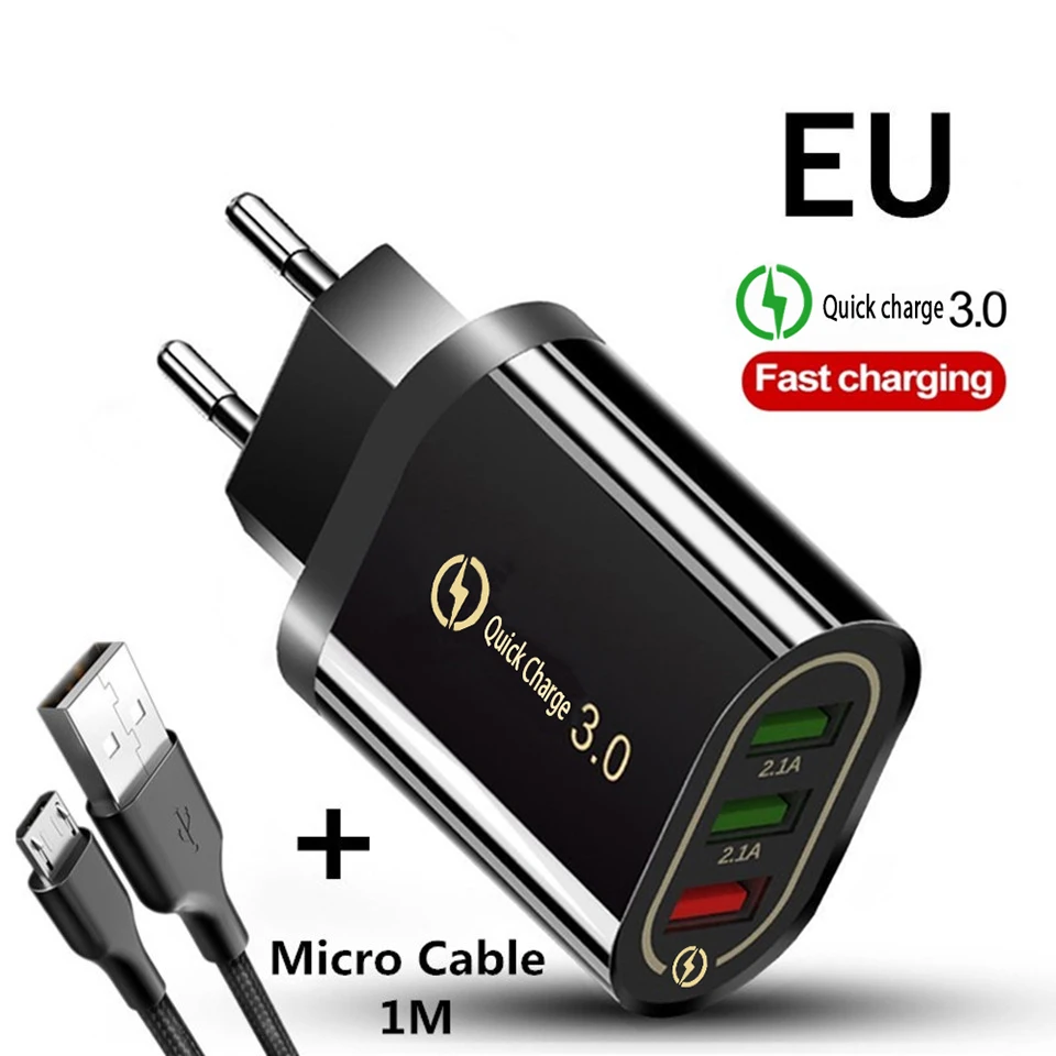 Хорошая 3 Порты и разъёмы USB Зарядное устройство Quick Charge 3,0 для IPhone X 7 samsung huawei P30 Xiaomi 5V 3A ЕС США штекер Адаптер зарядки мобильного телефона - Тип штекера: EU Micro Cable Black