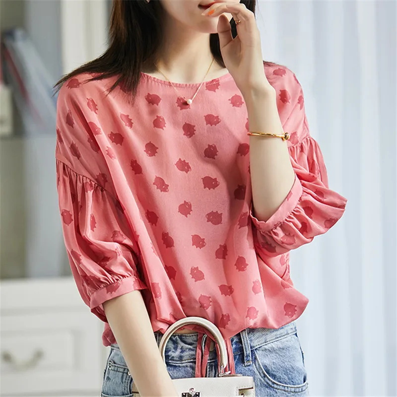

Chiffon Shirts Woemn Elegant Summer Print All-Match Blouses Aesthetic Bow-Knot O-Neck Ladies Loose Blusas Tops MM0961