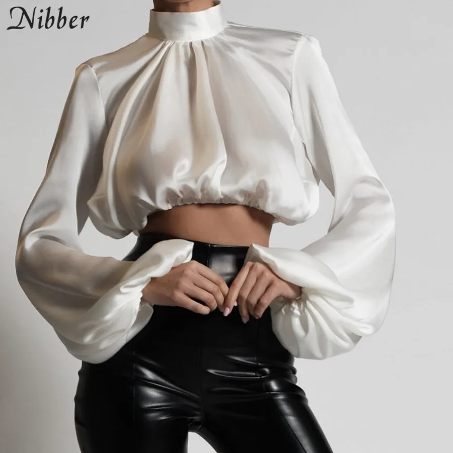 Nibber/осенние женские белые шелковые короткие топы для офиса, женские футболки с длинным рукавом, повседневные Элегантные Топы высокого качества, новинка, Весенние футболки