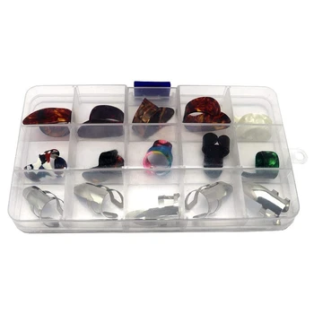 

SEWS-15Pcs Stainless Steel Celluloid Finger Thumb Guitar Picks with Pick Case Storage Box