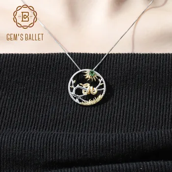 

GEM'S BALLET 925 Sterling Silver Handmade Snake Chinese Zodiac Jewelry Natural Chrome Diopside Round Pendant Necklace For Women