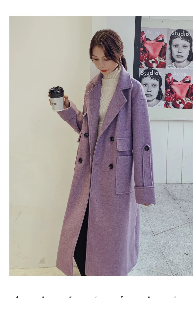 Модное фиолетовое длинное шерстяное пальто для женщин осенне-зимние куртки Новое темпераментное шерстяное пальто выше колена Женское пальто XA3456