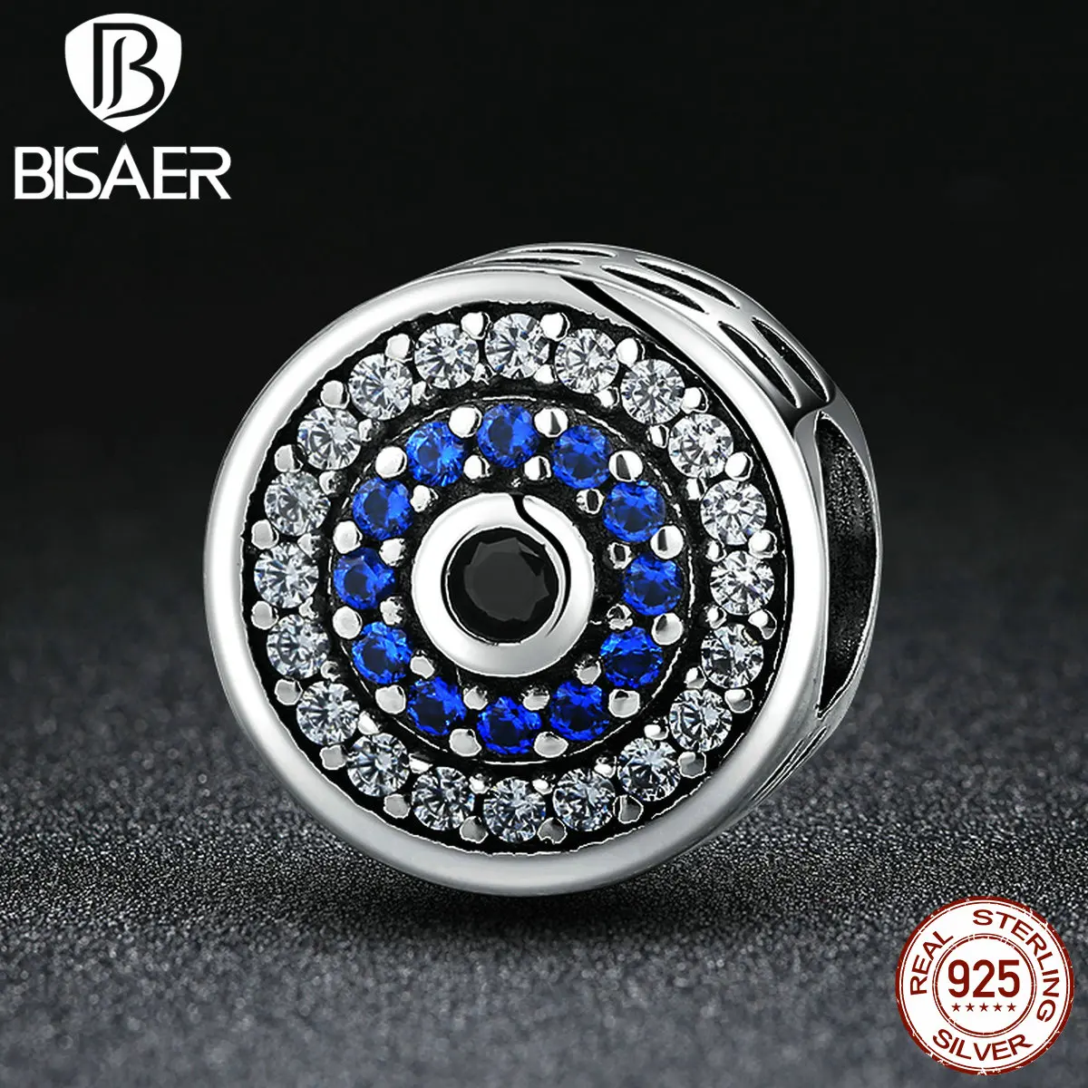BISAER, Настоящее серебро 925 пробы, голубые кристаллы, глаза, круглые бусины, талисманы, подходят для Панов, очаровательные браслеты и браслеты, ювелирные изделия HSC092
