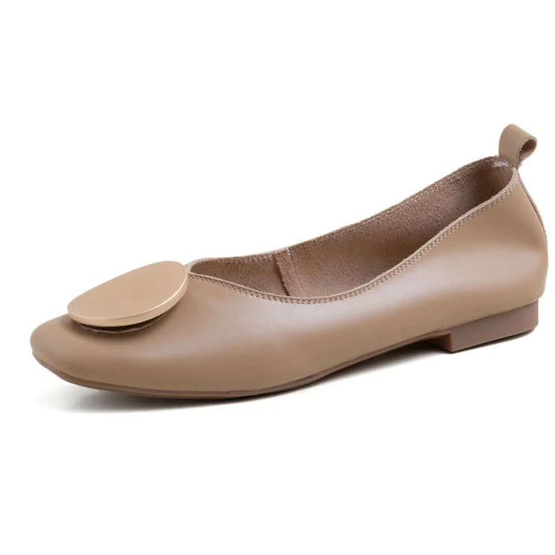 

Office Lady Loafers Shoes Real Cow Leather Square Toe Flats C375 Elegant Woman Metal Decoration Beige Black Khaki Flat Shoes