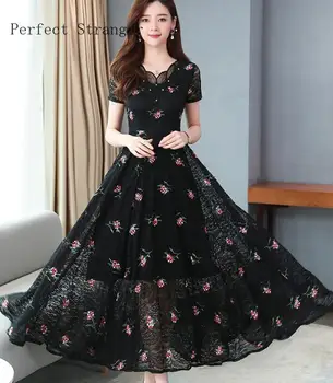 

2020 Summer New Arrival High Quality Elegant V Collar Flower Embroidery Short Sleeve Women Lace Long Dress