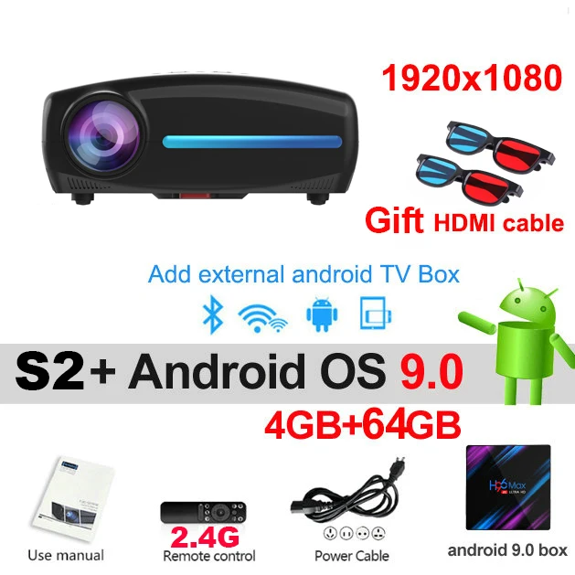Vivicine S2 новейший проектор 1080 p, опция Android 9,0 HDMI USB PC 1920x1080 Full HD светодиодный проектор для домашнего кинотеатра - Цвет: Android 9.0 64G