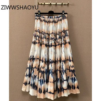 

ZIWWSHAOYU Fashion Women Autumn Runway Cotton Print Skirt Vintage Pleated Maxi Skirt