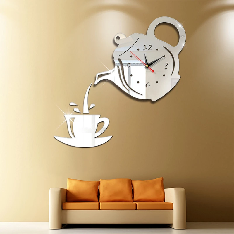 3D DIY чайник настенные часы в форме Акриловые зеркальные часы Современный декор для кухни Настенные стикеры полые цифровые часы