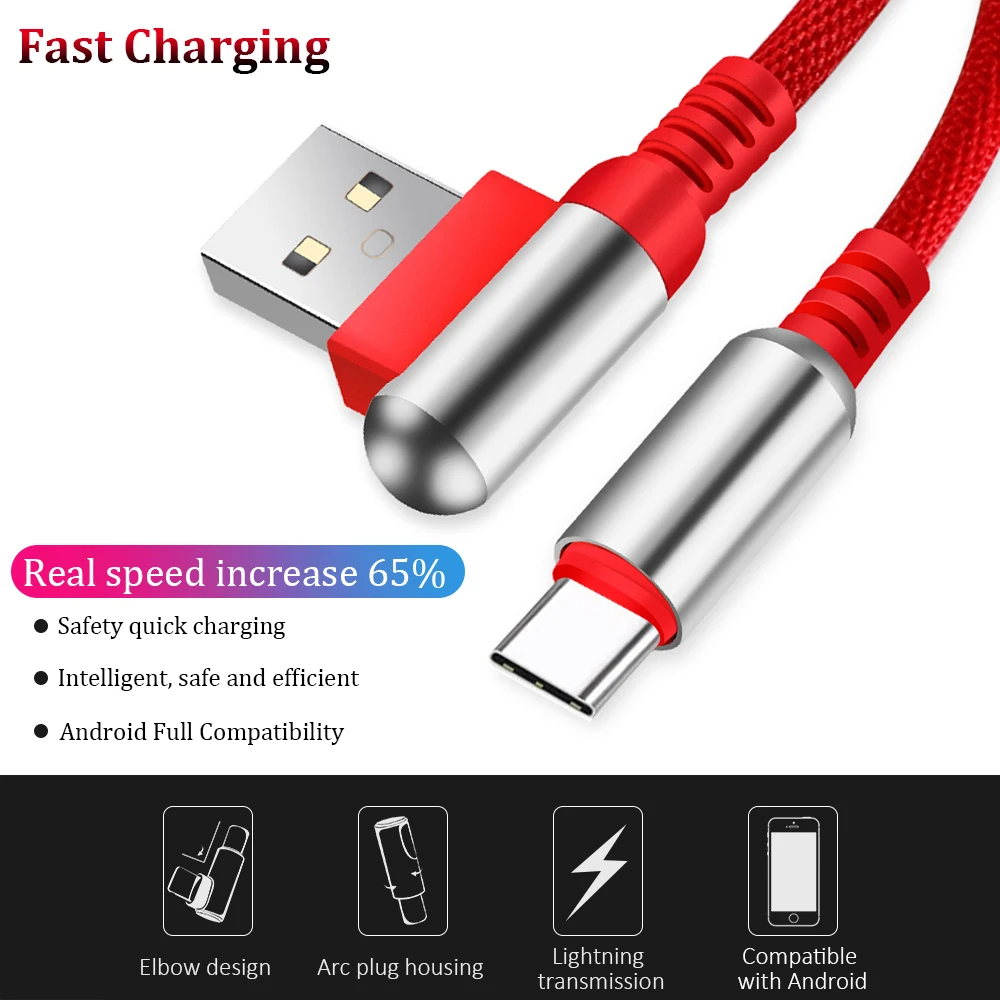 USB Type C Cable 90 Degree elbow Nylon Braided 1M Fast Charging Data Cable for Samsung s8 s9 For Oneplus For Huawei Type-C Cable