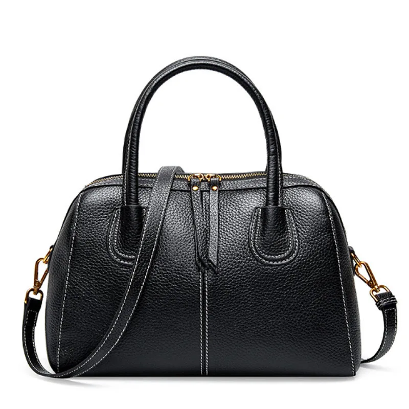 Lady real leather bag pillow bag handbag autumn winter female style head layer cowhide litchi grain one shoulder cross bag - Цвет: Черный
