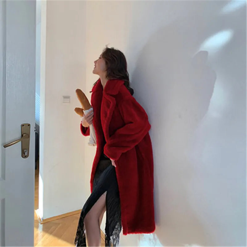 Long red Импортное шерстяное пальто для стрижки овец зимнее женское высококачественное роскошное меховое пальто утолщенная теплая натуральная Меховая куртка верхняя одежда - Цвет: Long red