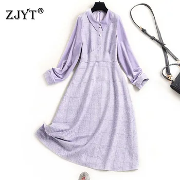 

Europe Fashion Autumn Winter Clothes Women Designers Long Sleeve Turn Down Collar Velvet Patchwork Casual Aline Dress XXL Size