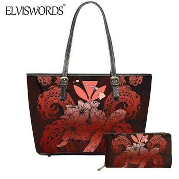 

ELVISWORDS Hawaiian Flag Island With Hibiscus Print Large Capacity Tote and Long Wallet For Women Luxury PU Leather Handbag