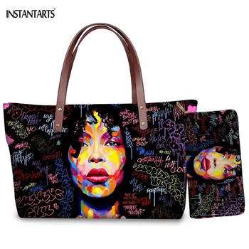 

INSTANTARTS Black Nurse Afro Word Art Hair Women Big Handbags With Wallet Fashion Travel Shoulder Bags Beach Bag Bolso Mensajero