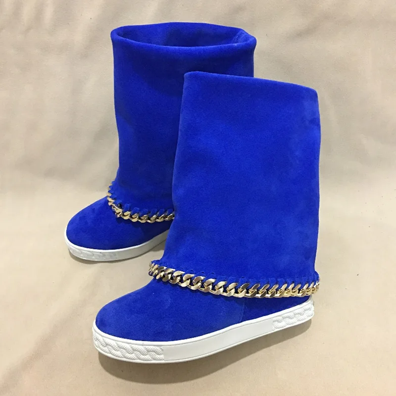 

Blue Pink Flock Chains Australian Ankle Boots Women Flat Shoes Winter Platform Increasing Height 8cm Snow Boots Woman Botines