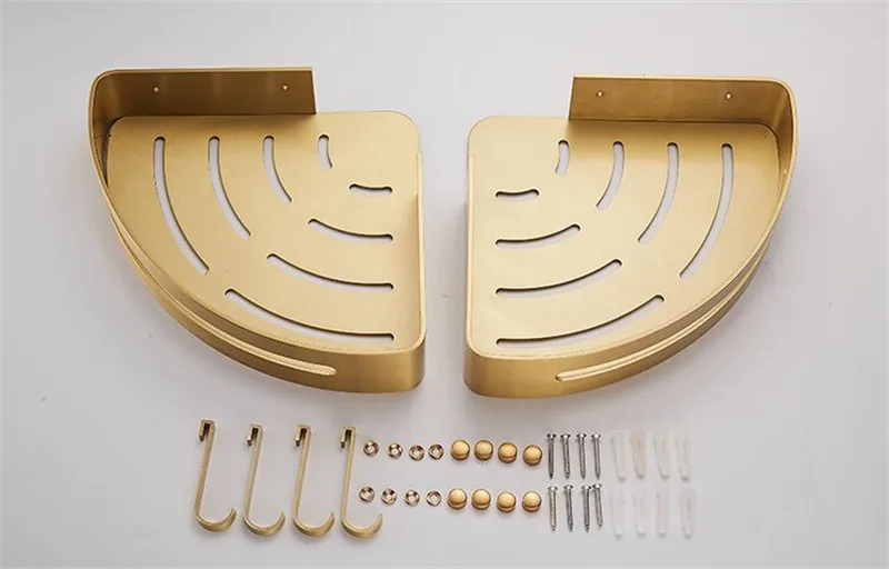 Bathroom Shelves Brushed Gold Aluminum Bath Shower Rack Nail Punched Corner Shelves With Hooks Bath Hardware Free Shipping