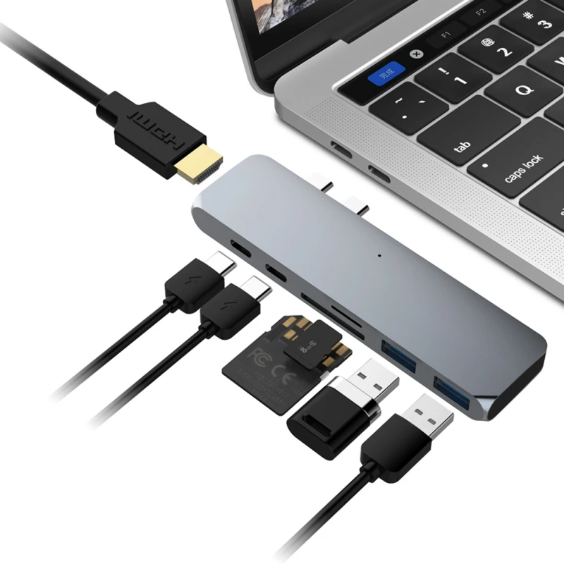 

7 Ports USB Hub Adapter 3 Thunderbolt + Type-C+HDMI+2 USB3.0 A + SD/Micro SD Card Reader For MacBook 2018